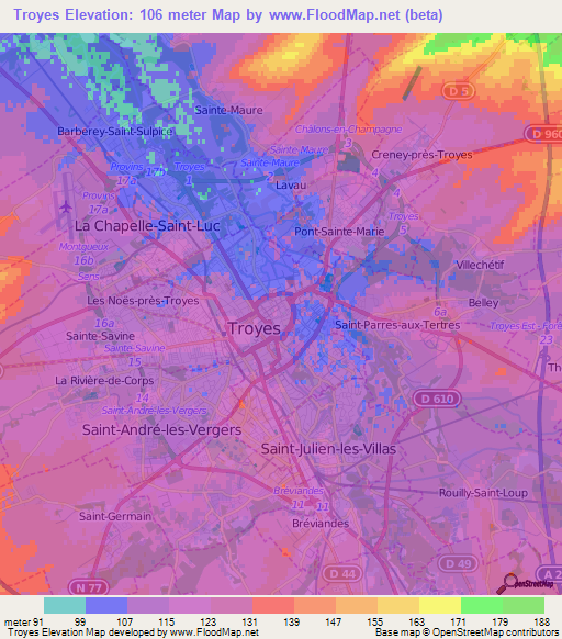 Troyes,France Elevation Map