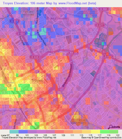 Troyes,France Elevation Map