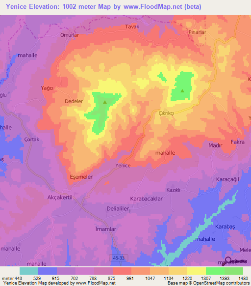 Yenice,Turkey Elevation Map