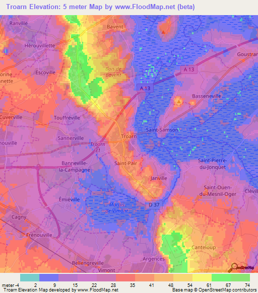 Troarn,France Elevation Map