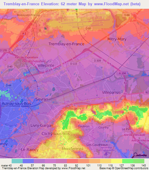 Tremblay-en-France,France Elevation Map