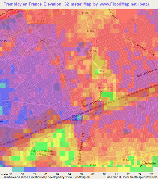 Tremblay-en-France,France Elevation Map