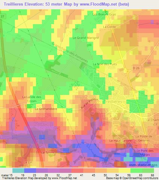 Treillieres,France Elevation Map