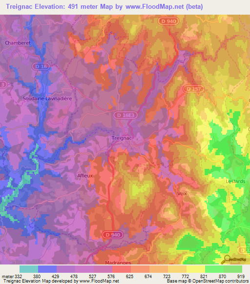 Treignac,France Elevation Map