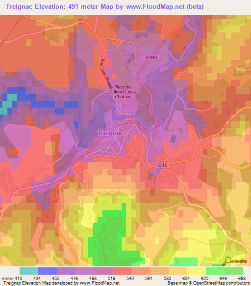 Treignac,France Elevation Map