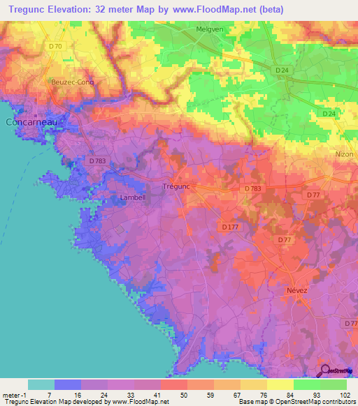 Tregunc,France Elevation Map