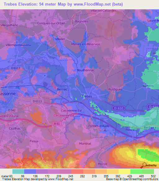 Trebes,France Elevation Map