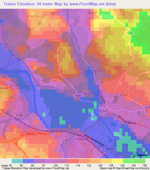 Trebes,France Elevation Map