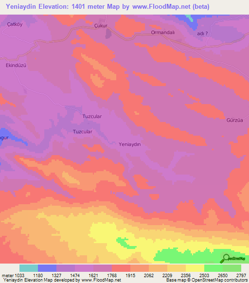 Yeniaydin,Turkey Elevation Map