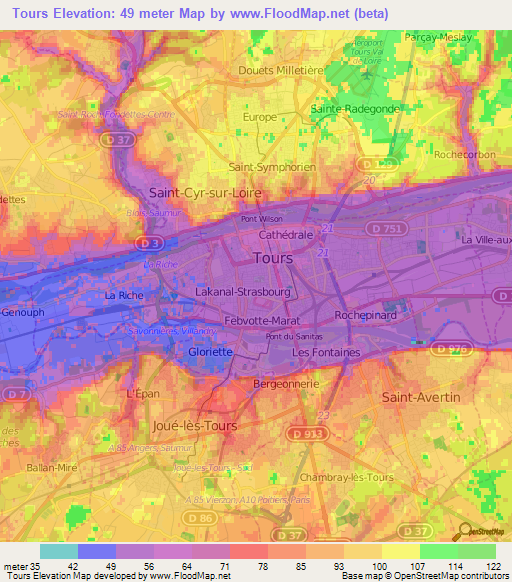 Tours,France Elevation Map