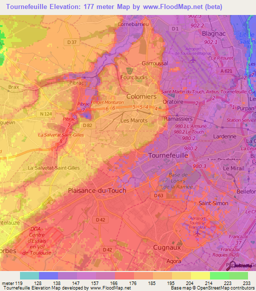 Tournefeuille,France Elevation Map