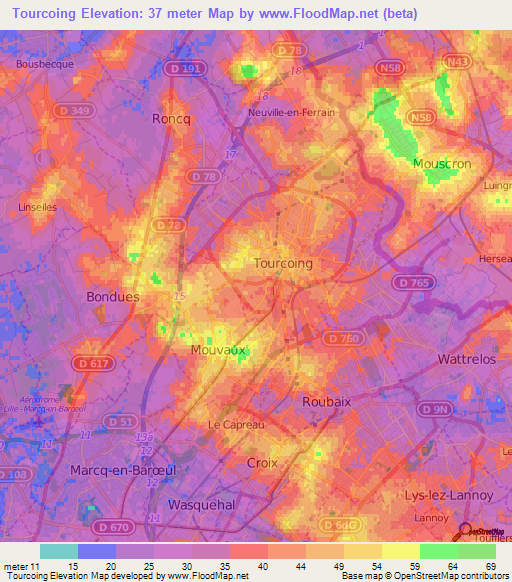 Tourcoing,France Elevation Map