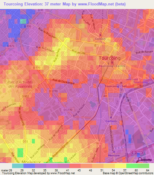 Tourcoing,France Elevation Map