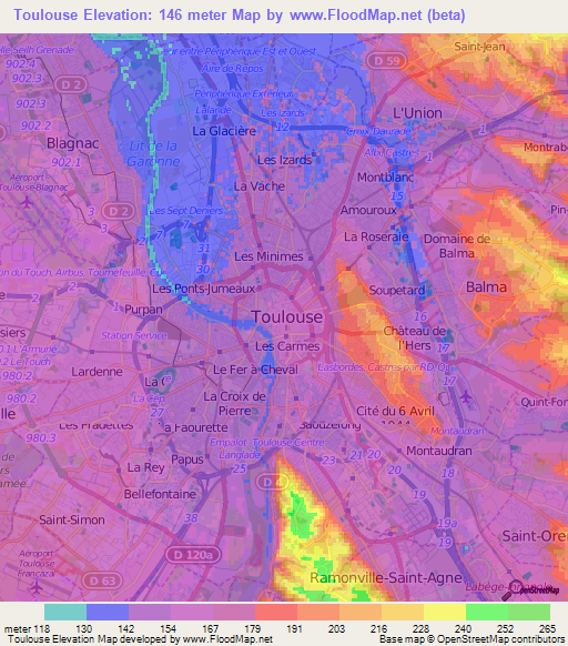 Toulouse,France Elevation Map