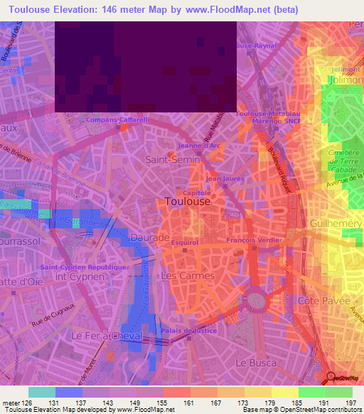 Toulouse,France Elevation Map