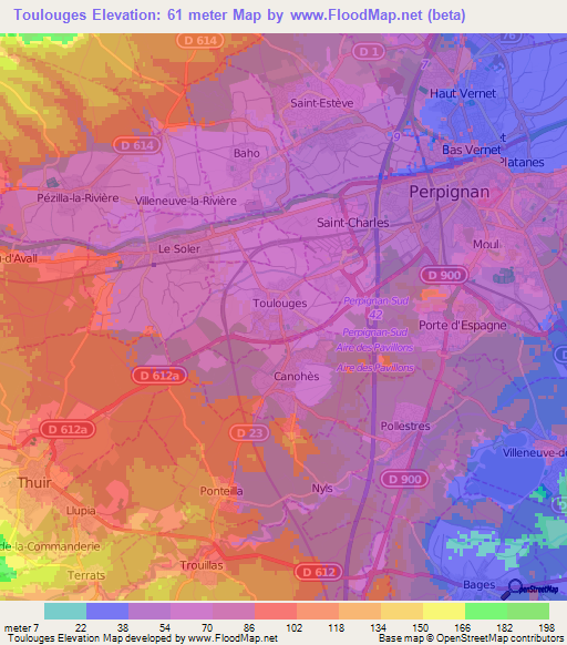 Toulouges,France Elevation Map