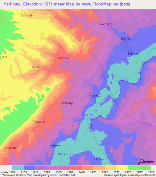 Yerlikuyu,Turkey Elevation Map