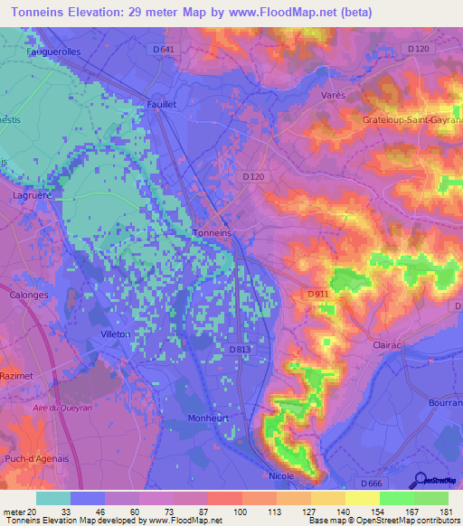 Tonneins,France Elevation Map