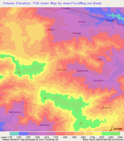 Yelesen,Turkey Elevation Map