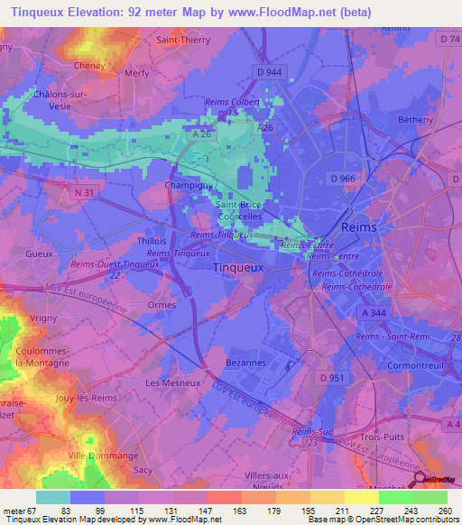 Tinqueux,France Elevation Map