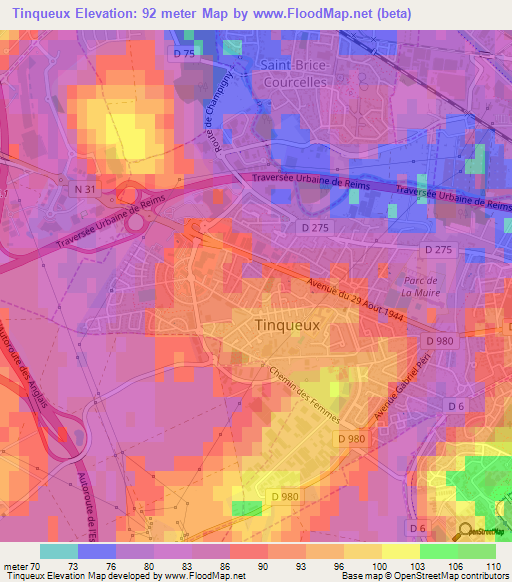 Tinqueux,France Elevation Map