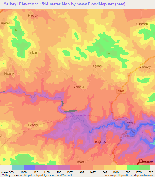 Yelbeyi,Turkey Elevation Map