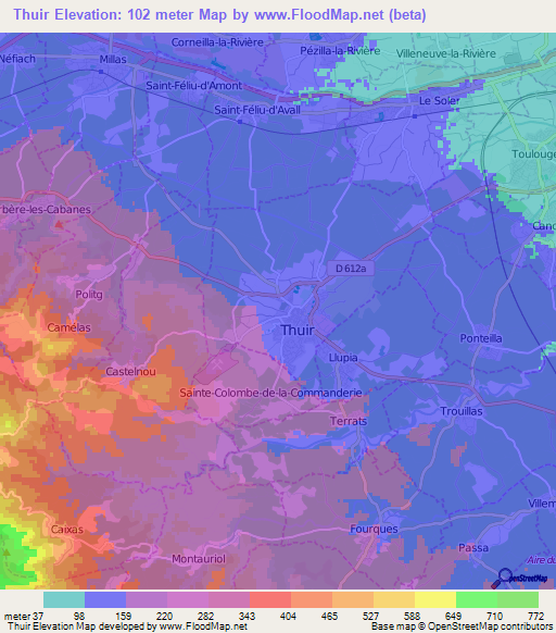 Thuir,France Elevation Map