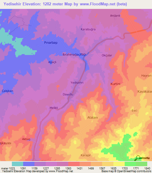 Yedisehir,Turkey Elevation Map