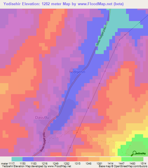 Yedisehir,Turkey Elevation Map