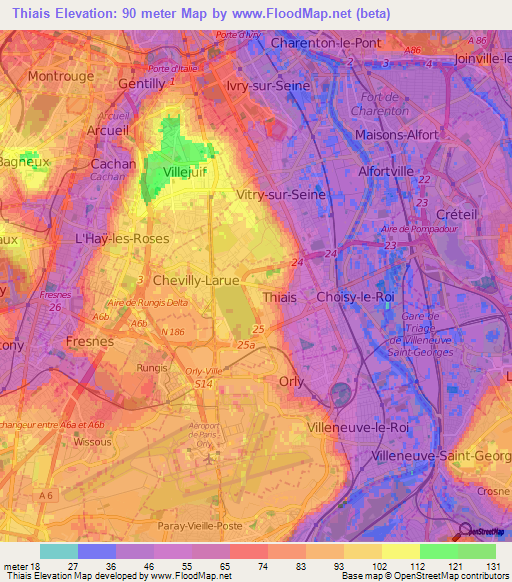 Thiais,France Elevation Map