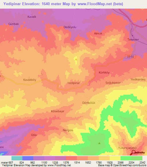 Yedipinar,Turkey Elevation Map