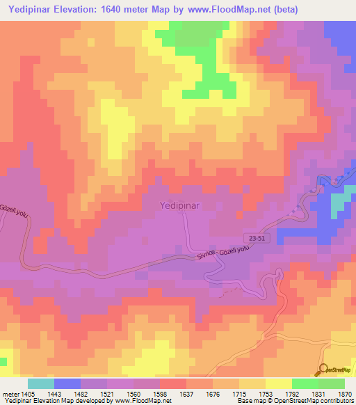 Yedipinar,Turkey Elevation Map