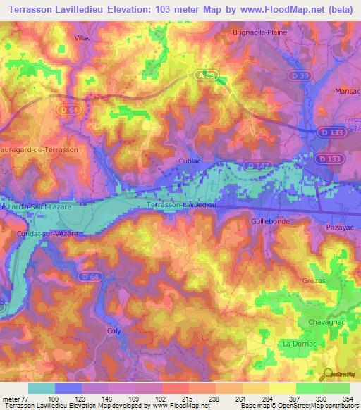 Terrasson-Lavilledieu,France Elevation Map