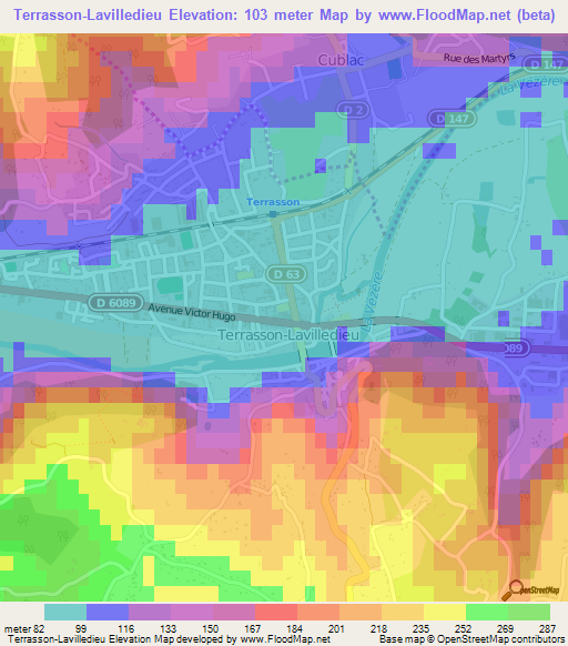 Terrasson-Lavilledieu,France Elevation Map