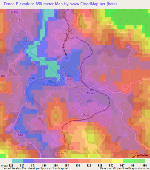 Tence,France Elevation Map