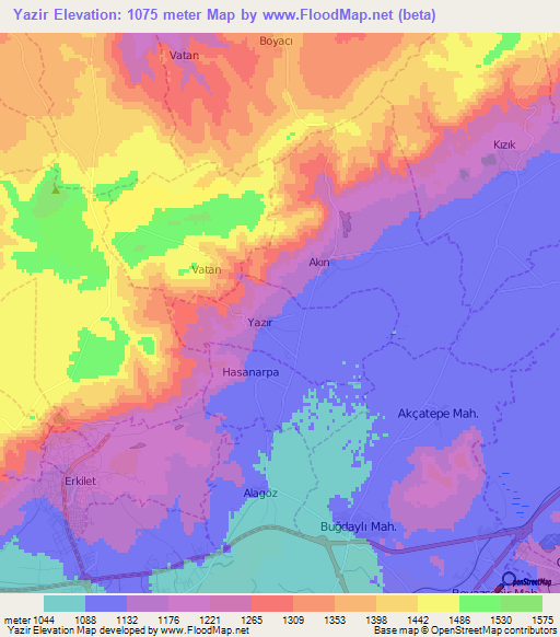 Yazir,Turkey Elevation Map