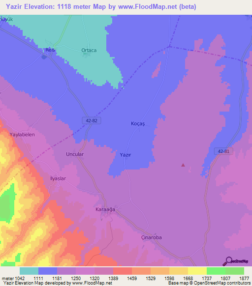 Yazir,Turkey Elevation Map