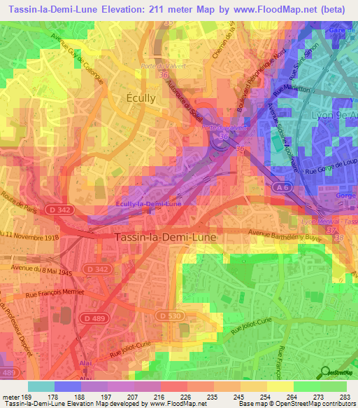 Tassin-la-Demi-Lune,France Elevation Map