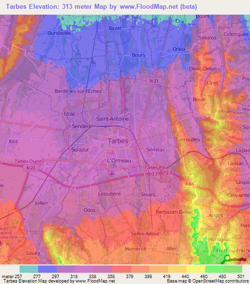 Tarbes,France Elevation Map