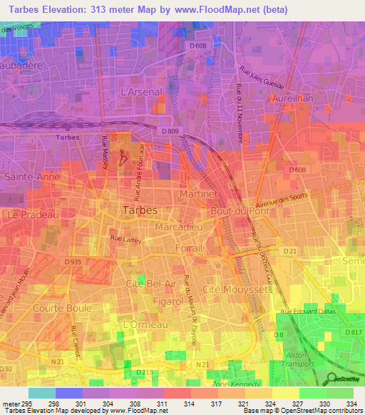 Tarbes,France Elevation Map