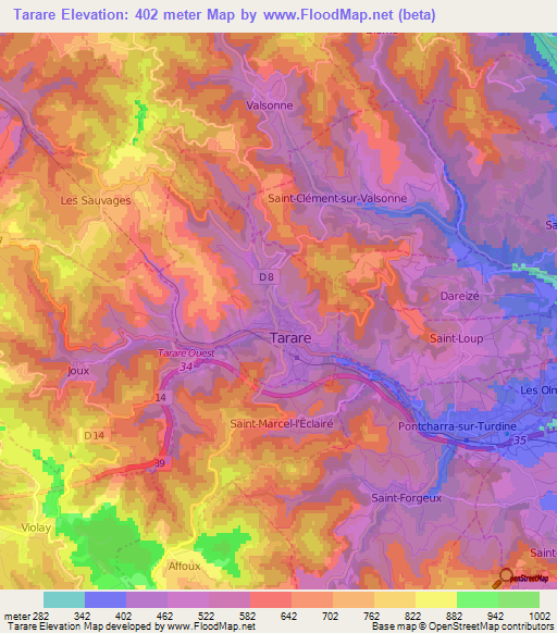 Tarare,France Elevation Map