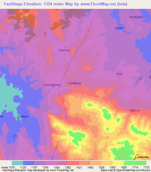 Yazilikaya,Turkey Elevation Map