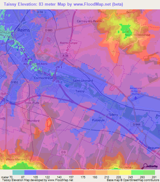 Taissy,France Elevation Map