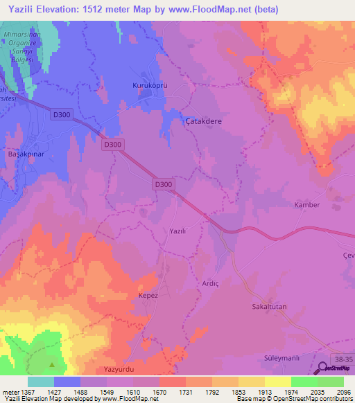 Yazili,Turkey Elevation Map