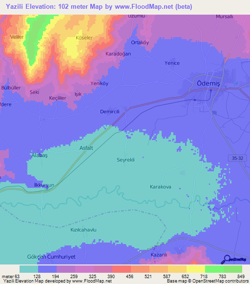 Yazili,Turkey Elevation Map