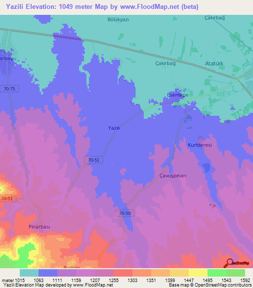 Yazili,Turkey Elevation Map