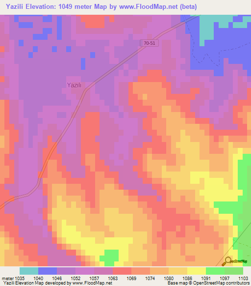 Yazili,Turkey Elevation Map