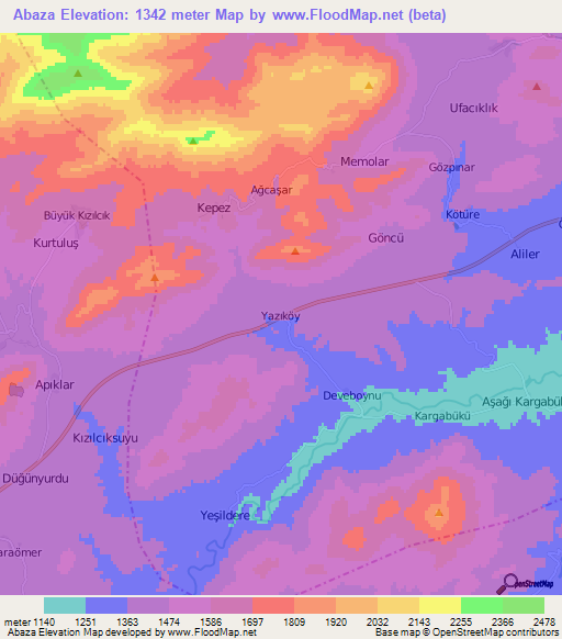 Abaza,Turkey Elevation Map