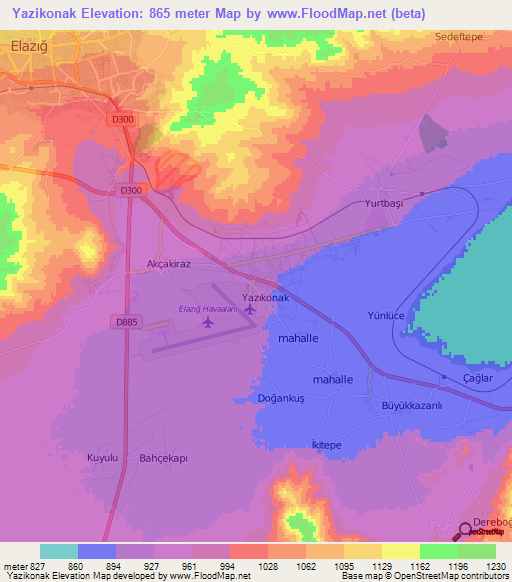 Yazikonak,Turkey Elevation Map