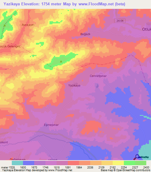 Yazikaya,Turkey Elevation Map